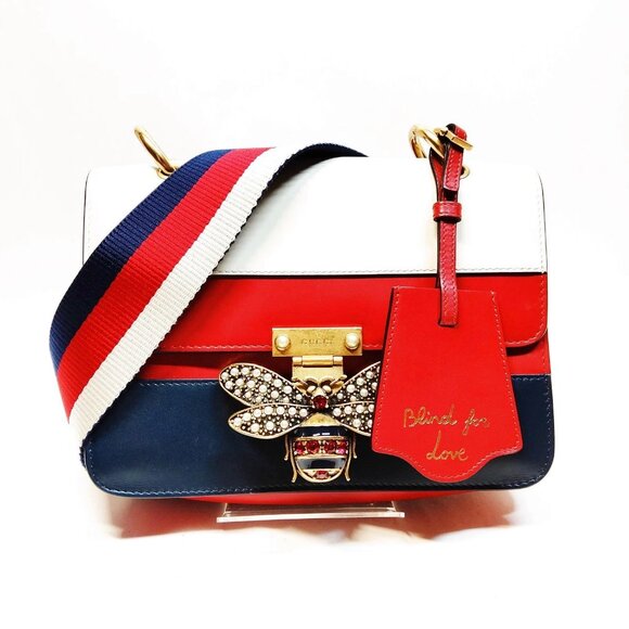 Authentic GUCCI Queen Margaret Red&Navy Leather Satchel Bag mon713-111025